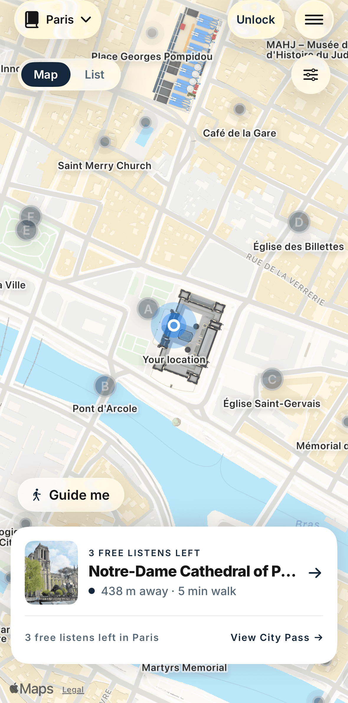 The Roava map in the real app, over Paris — a landmark picked, its story a tap away